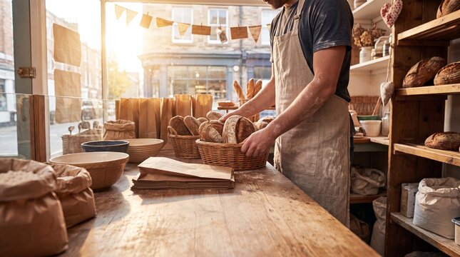 Artisan baker arranging fresh bread loaves in a rustic basket, a warm, inviting scene of a small business bakery, perfect for food and lifestyle content.