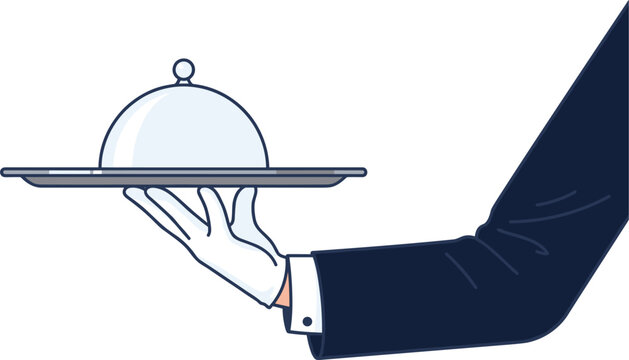 Waiter Hand in White Glove Holding Silver Serving Tray with Cloche Lid Cover Vector Illustration for Restaurant Fine Dining
