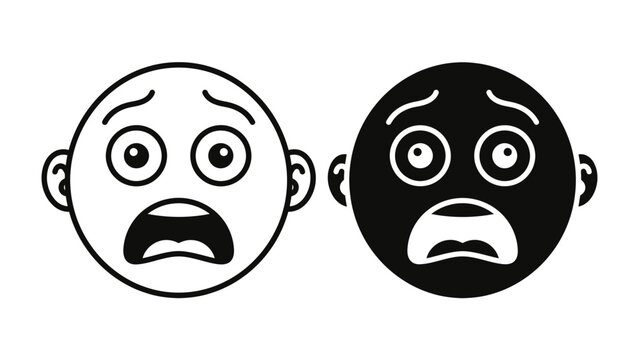 Shocked Faces: Two stylized faces, one black and one white, express extreme shock and fear with wide eyes and open mouths, conveying a sense of alarm and distress.