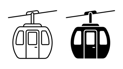 Cable Car Icons: A simple, modern icon set featuring two cable car cabins, one outlined and the other filled black, suspended from a cable, representing aerial transport. © Murshida