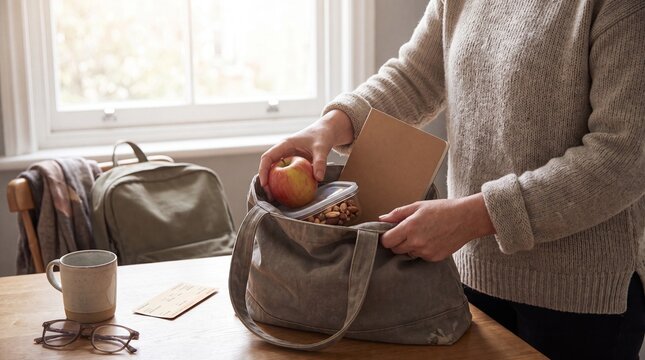 Woman packing a healthy lunch, preparing a nutritious meal for work or school. Sustainable lifestyle, mindful eating, and daily routine.