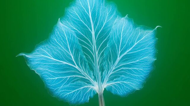 Glowing translucent leaf with detailed vein structure changing color on green background.