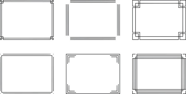 Set of six art deco style rectangular frames with linear border patterns transparent background
