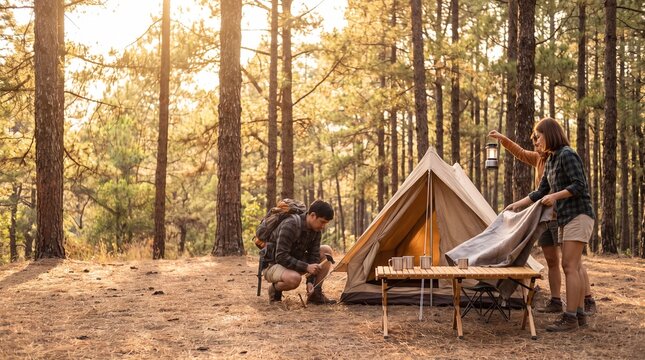 Couple setting up a tent in a sunny pine forest, adventurous outdoor camping experience, tranquil nature escape, summer travel and leisure activity.