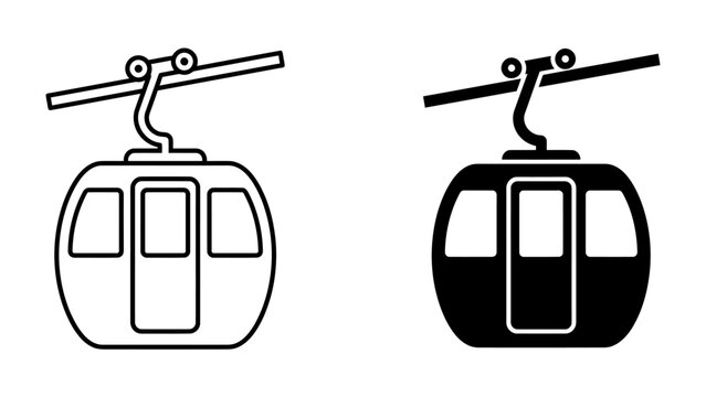 Cable Car Icons: A pair of cable car icons, one outlined in white and the other a solid black silhouette, depict a suspended gondola moving along an overhead cable, representing aerial transport.