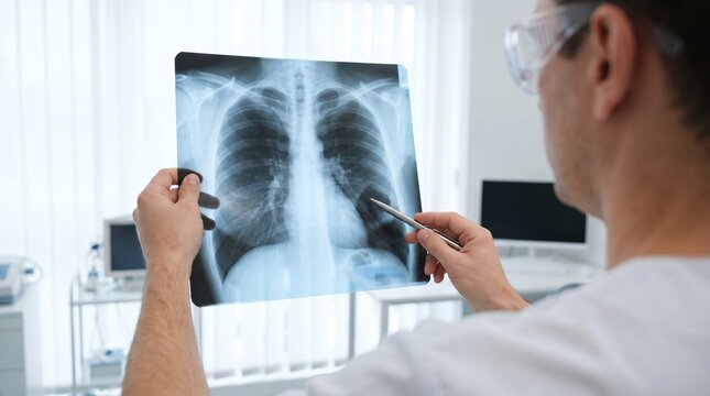 Doctor in lab coat and safety glasses examines a chest x‑ray film, holding it up to light and pointing with a pen; hospital workspace with monitor behind