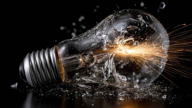 Glass fragments and sparks fly as a light bulb shatters from electrical overload in a dark studio setting, capturing the moment of impact.