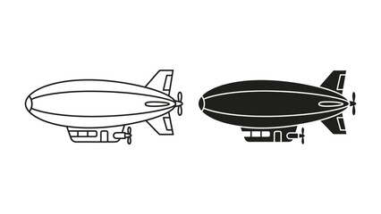 Blimp Icons Set: A graphic representation of an airship, featuring both a line art outline and a solid silhouette, showcasing the iconic design of the dirigible. © Joynob