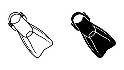 Scuba Diving Fins Icon: A minimalist vector illustration showcasing a pair of scuba diving fins, presented in both outline and solid black, symbolizing aquatic exploration and water sports. © Mst