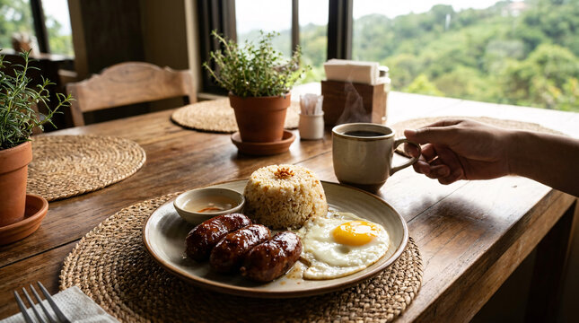 Hand reaching for coffee beside Filipino breakfast plate with green mountain view