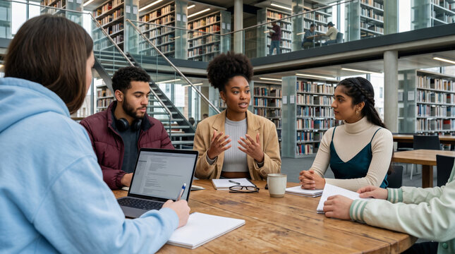 Study group assistant laptop digital discussion project plan library table focus. ai technology innovation. online remote student learning, school education computer help