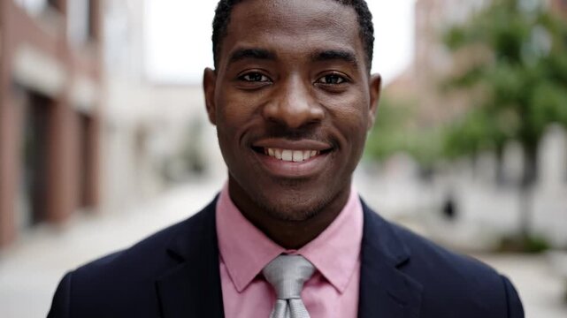 Confident African American Businessman Smiling in Urban Street Setting