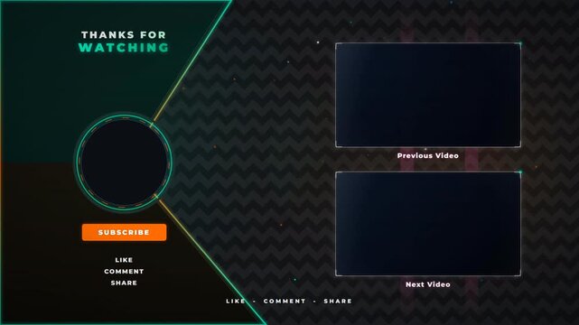 Modern social media end screen template with subscribe button and video placeholders on geometric background.