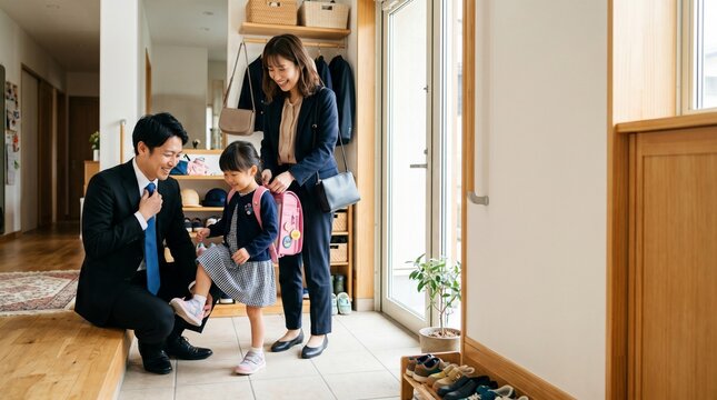 忙しい朝の玄関で子供の準備を手伝う共働き夫婦