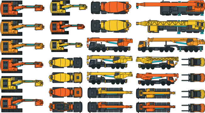 Heavy construction machinery and industrial vehicle top view vector collection for civil engineering project layouts