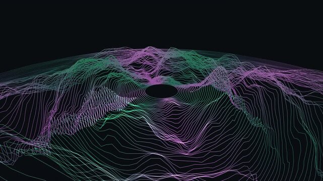 Continuous circular wireframe rings emit a blue glow while rotating and rippling in a calm, seamless motion background.
