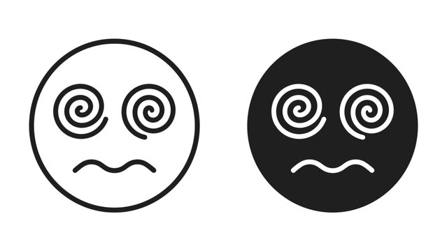 Dizzy Face Icons: Simple line art and solid black icons representing a dizzy face with spiral eyes and a wavy mouth, conveying confusion or disorientation.