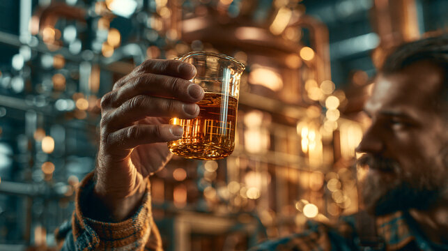 Professional distiller holding a glass beaker filled with golden liquid in a rustic copper distillery