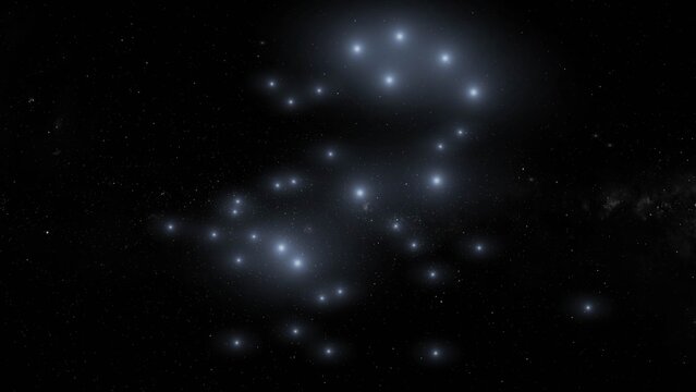 The Pleiades, also known as the Seven Sisters  star cluster located in the constellation Taurus 3d rendering illustration