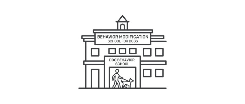 Line art illustration of a dog behavior modification school building.