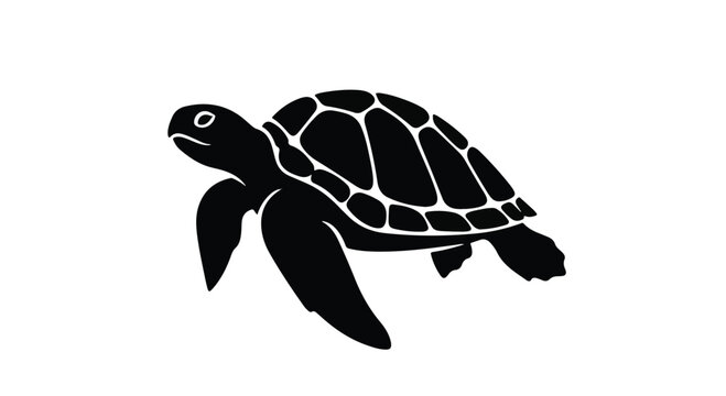 Sea turtle silhouette displays a detailed shell pattern isolated against a crisp white background.