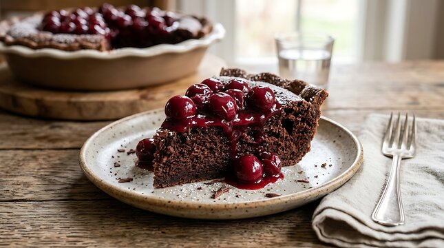 Rich Chocolate Cherry Tart Slice Served on Rustic Wooden Table