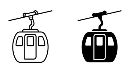 Cable Car Icon Set: Two stylized icons of a cable car, one outlined and the other filled, representing transport and aerial mobility. © Mohammad