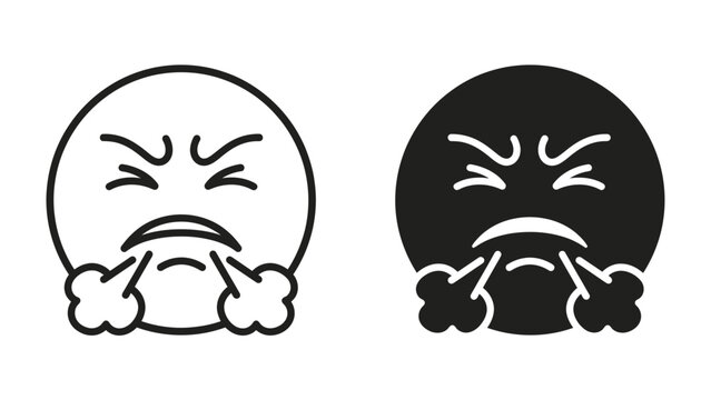 Angry Emoji Faces: Two stylized emoji faces depict intense anger, one in black and white outline, the other a solid black silhouette, both exhaling steam from clenched mouths