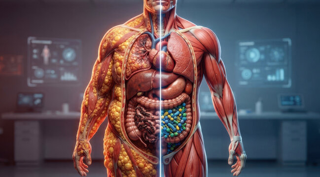Split body scientific illustration of obesity reversal, with one side dense with lipid droplets and inflamed tissue while the other side reveals lean muscle fibers, healthy organs, and balanced gut