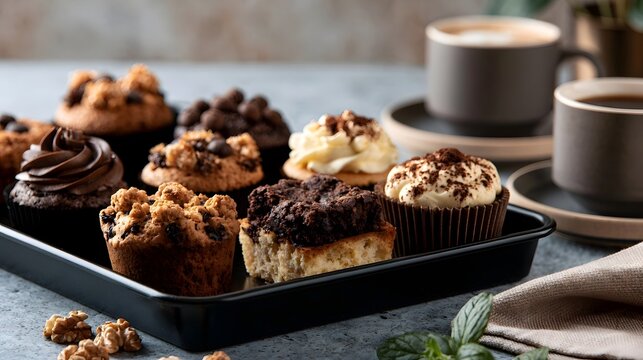 A tray of assorted muffins and cupcakes with coffee cups on a textured surface  styled for a cozy cafe setting