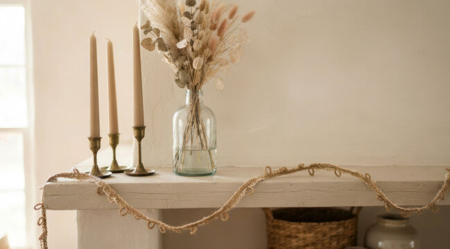Home styling close-up of a budget seasonal mantel update featuring tapered candles, dried stems in a glass bottle, and a lightweight woven garland on a simple shelf, photographed with gentle