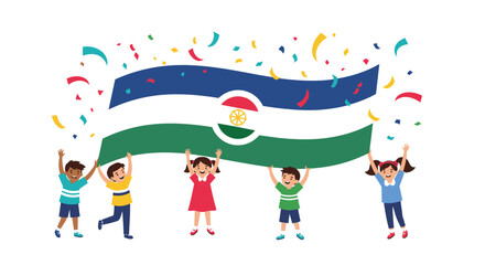 Naklejka premium Group of five diverse children holding a large national flag of India while celebrating with colorful confetti against a white background.
