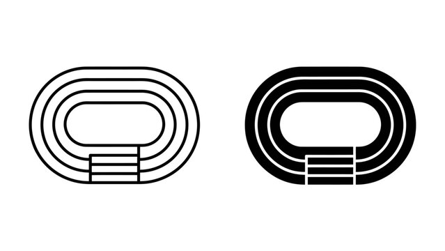 Running Track Icon Set: A set of two running track icons, one outlined and one solid black, depicting the classic oval shape with lanes and starting blocks, perfect for sports and athletic themes.