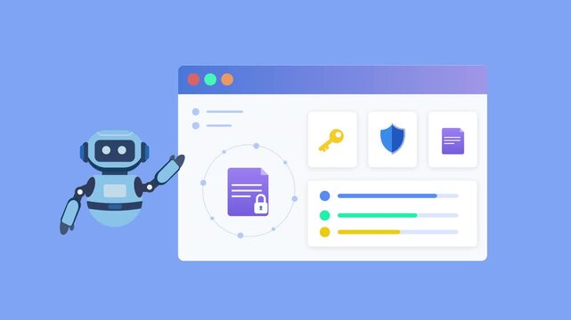 Modern flat vector animation of an AI secure document dashboard with virtual assistant, document protection, authentication, security monitoring, and access control. Ideal for artificial intelligence,