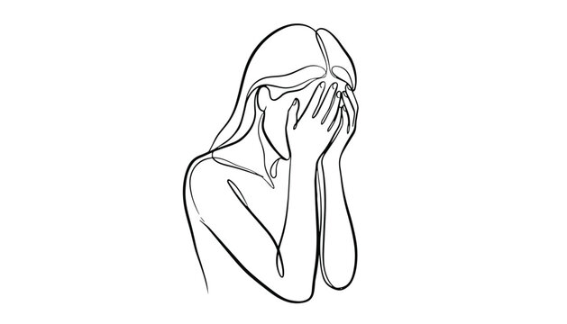 Sad woman covering face with hands in grief or emotional pain single continuous line drawing vector illustration
