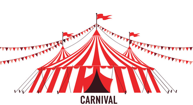Grand circus tent with red and white stripes stands tall decorated with banners for a spectacular carnival or fair event.