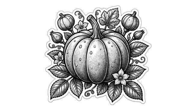 Pumpkin with leaves and flowers decoration.