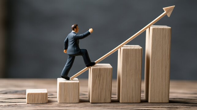 Miniature businessman figure climbing wooden blocks representing financial growth and career advancement