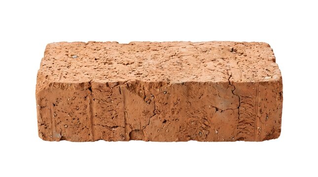 Red clay brick isolated on white background, rough textured masonry building material, single rustic terracotta brick for construction and architecture