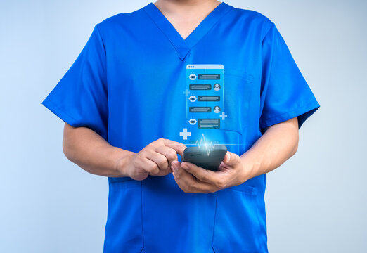 Doctor using smartphone with AI healthcare chatbot interface for digital health, telemedicine, patient communication, medical technology, remote consultation, and smart healthcare innovation concept.
