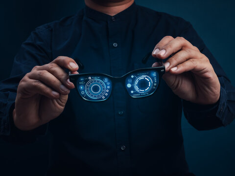 Future vision concept. AI-powered smart glasses with augmented reality interface, showcasing advanced technology, wearable innovation, smart devices, futuristic communication, virtual interaction.