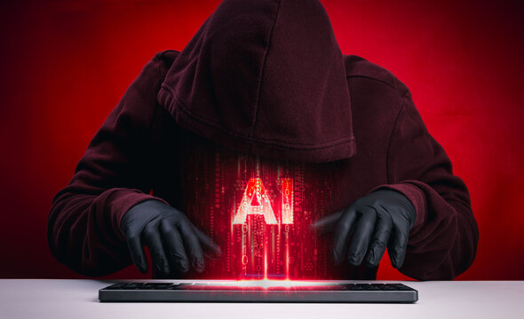 AI fraud concept. Hooded cybercriminal with digital artificial intelligence symbols. AI scams generated cyber threats, cybersecurity risks, fraud detection, and emerging digital security challenges.