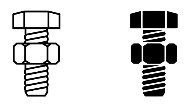Bolt and Nut Icon: A simple vector graphic set featuring a bolt and nut in both outline and solid black silhouette, representing hardware and mechanical fasteners.