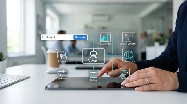 Person using tablet device interacting with artificial intelligence agent workflow automation interface featuring icons for coding research content generation data analysis and ...