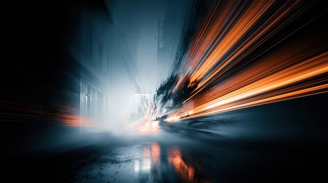 Abstract futuristic digital tunnel with glowing orange light streaks and dark smoky atmosphere