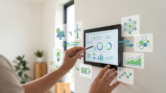 Person monitoring renewable energy consumption and power grid statistics on tablet with green technology icons and eco-friendly charts