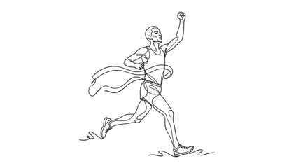 Obraz premium Professional athlete crossing the finish line with arms raised in victory continuous line vector illustration