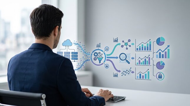 Businessman working at desk with digital flow chart showing data analytics, cloud computing, server processing, funnel filtering, and statistical graphs for business intelligenc...