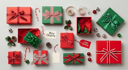 Fototapeta premium Colorful Christmas Gift Boxes Arranged with Ornaments and Tags on Light Background