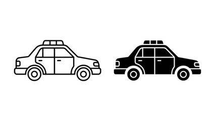 Police Car Icon: A sleek and stylized icon representing a police car in two variations, a simple outline and a solid silhouette, symbolizing law enforcement and urban patrol. © Joynob